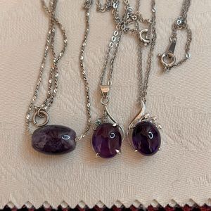 Set of Amethyst, Purple Cabochon Silver / 18K Gold Filled Necklace Pendant